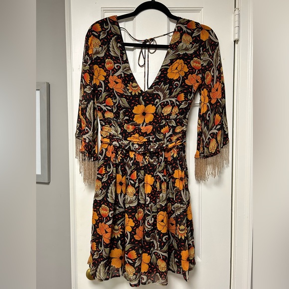 Vibrant floral dress with beaded sleeves. 100% viscose, fully lined. - Picture 1 of 6